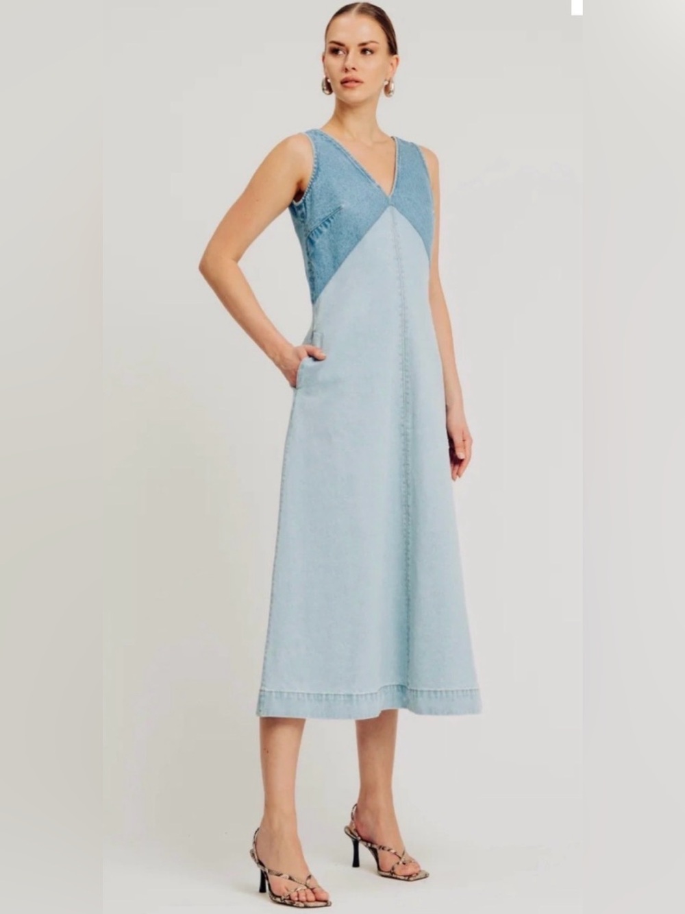 Torn by Ronny Kobo Two-Tone Light Blue and Medium Denim V-Neck Midi Dress